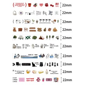 LGEGE 10 Rolls Romantic Words Washi Tape Set, 22mm Wide, Coconut, Bear, Breakfast, Sculpture Element, Masking Tape Décor for Scrapbook,Bullet Journal,Gift Wrapping (2m)