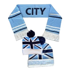 Man City Inspired Football Hat & Scarf Set - Cosy Knit Beanie & Scarf for Man City Fans, Ideal Winter Warmers, for Supporters, Premium Fan Gear White
