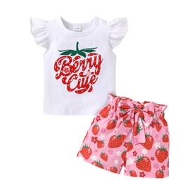 YOUNGER TREE Toddler Baby Girl Clothes Ruffle Short Sleeves T-Shirt Tops and Shorts Set Cute Summer Outfits (Strawberries, 12-18 Months)