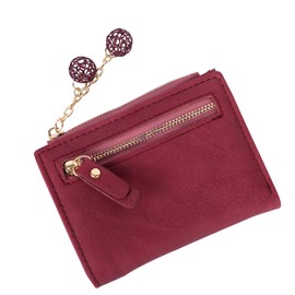 Jiusely Women's Small Wallets, Small leather Purse with Metal Snap Button and Zipper Coin Pocket,Multiple Card Slots & Compartments, Lady’s Foldable Short Wallet with Delicate Pendant.Burgundy Red