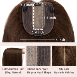 Hairro Hair Topper Human Hair, Clips in 100% Real Hair Hairpieces for women with 4"x 4.7" Silk Base, for Hair Loss/Thinning Hair/High Hairline/Covering Greyish Hair on Top