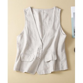 YOUNIFIZ Women's Waistcoats Casual Sleeveless Button Down V Neck Crop Top Summer Linen Vest Tops with Pocket, White