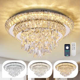 COCOSTAR 18 inch Flush Mount Crystal Chandeliers with Remote and APP, Modern Elegant LED Crystal Raindrop Ceiling Light Fixture, 3CCT Dimmable, for Living Room Kitchen Island Bedroom Entryway Foyer