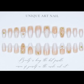 3D Press on Nails with Designs, Medium Ombre Press on Nails Glossy Cute Fake Nails Almond Shape White French Tip Glue on Nails Flower Shell Pearl Acrylic Nails Reusable Artificial Nails for Women