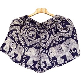 Zendrian Bohemian Elephant Print Harem Shorts, High Elastic Waist Summer Beach Shorts Royal Navy