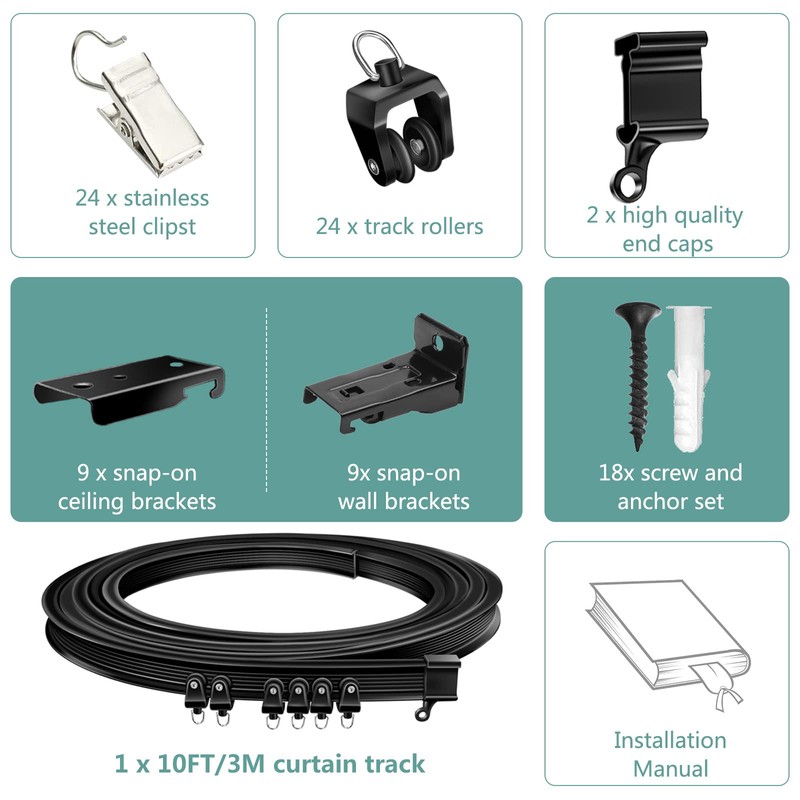 Ceiling Curtain Track, Flexible Bendable Curtain Track 10 Ft Black