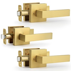 Moquin Brushed Gold 3 Pack Wholesale Square Design Non-Locking Passage Door Handle, Heavy Duty Door Lever Without Keys and Lock, Reversible Handle for Hallway/Closet Door in Satin Brass Finish