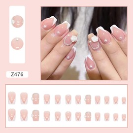 Press on Nails Square French Tip 24Pcs Glossy Full Cover Artificial White Medium Fake Nails with Flower Gems Designs Coffin Acrylic False Nails Sets Glue Stick on Fingernails with Charm for Women
