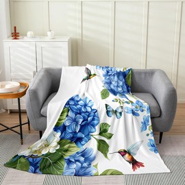 Erosebridal - Manta de hortensias de 40 x 50 pulgadas, manta floral azul para adultos adolescentes, manta de forro polar de colibrí de vida silvestre, colorida manta de cama de mariposa para