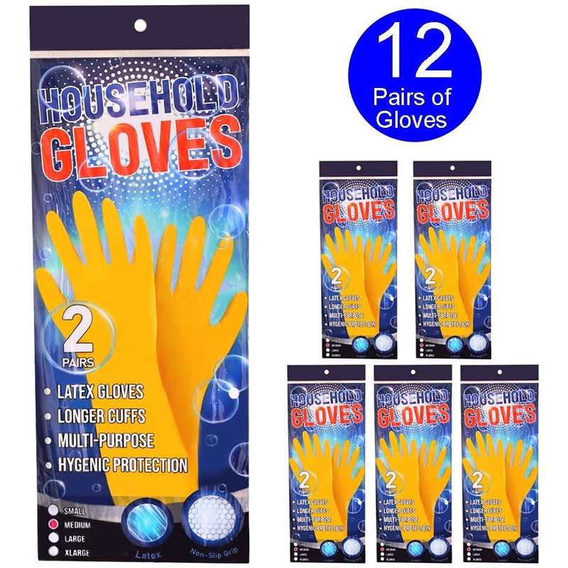 ADULTS YELLOW LATEX SAFETY GLOVES X12 PAIRS - INDUSTRIAL HYGIENIC