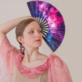 Nogsay Colourful Folding Fan Bamboo Oxford Kungfu Rave Fan Large Foldable Hand Fan Chinese Japanese Decoration Summer Fecher for Wedding, Party, Dance, Festival, Performance (Illusionary Starry Sky)