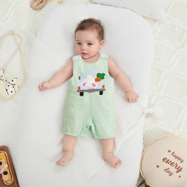 Geagodelia Toddler Baby Boy Easter Outfit Bunny Carrot Embroidered Sleeveless Romper My First Easter Baby Grow Baby Summer Clothes (Striped Pickup Bunny Carrot Light Green, 6-12 Months)