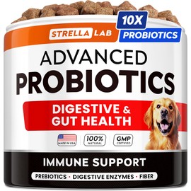 StrellaLab Vet Strength Dog Probiotics Treats - 60 Billion CFU per jar + Digestive Enzymes Prebiotics - Chewable Fiber Supplement w/Pumpkin - Diarrhea, Gas, Constipation, Upset Stomach Relief