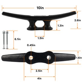 ORLANG 10 Inch Dock Cleats, Electrophoretic Coated Black Boat Cleats with Hardware, Boat Dock Cleats Rope Cleat for Boat Docks, Decks or Nautical Decor (2 Pack)