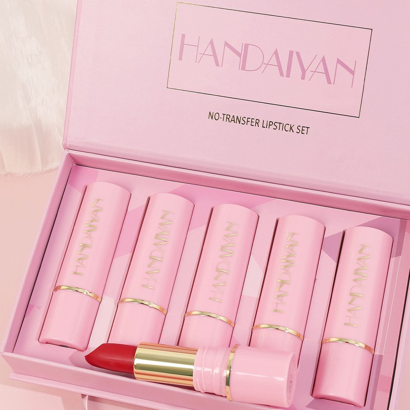 HANDAIYAN 5pcs Matte Lipstick Set Waterproof Long Lasting Non-stick Cup