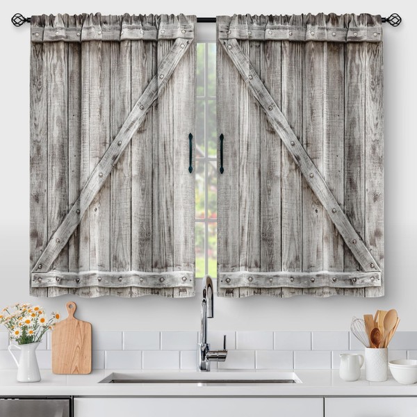 Aimego Wooden Barn Door Kitchen Curtains - Country Wood Farmhouse