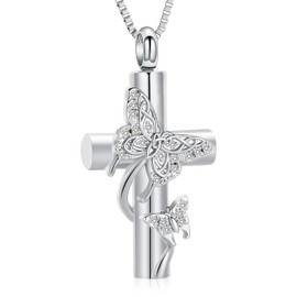 XSMZB Butterfly Cross Urn Necklace for Ashes of Loved One Funeral Keepsake Cremation Jewelry Hold Ashes Women Men Memorial Pendant(Silver)