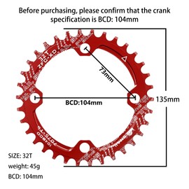 Jane Eyre Bicycle Chainrings 104 BCD 32T 34T 36T Narrow Wide Single Chainring, Round Narrow Wide Chainring for Road Bike Mountain Bike BMX MTB (Red 32T)