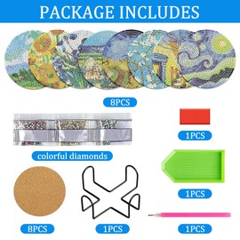 EDLMKM 8 PCS Diamond Painting Coasters Kits, Round DIY Diamond Art Cup Drink Coasters with Holder, Kits for Adults Kids Beginner, Stress-reducing Crafts Painting, Full Round Drill Gem Art for Adults