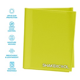 SHAKEitCOOL Extended Size Cooling Towel – Be Cool in Style - Heat Relief, Soft, Lightweight, Sun Protection, Easy Clean - Perfect for Biking, Hiking, Running, Yoga, Golf, Gardening - Safety Yellow M