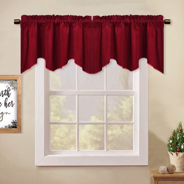 StangH Kitchen Red Scalloped Valance - 18 Inches Stylish Home Decor Thermal Curtain Tiers Room Darkening Velvet Drapes with Rod Pocket for Dining Room/Bay Window/Bedroom, 52 x 18-inch, 1 Piece
