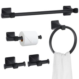 Matte Black Bathroom Hardware Set 5-Pieces, SUS304 Stainless Steel Bath Towel Bar Set Wall Mounted, Including Hand Towel Bar,Towel Ring, Toilet Paper Holder, 2Pcs Robe Towel Hook