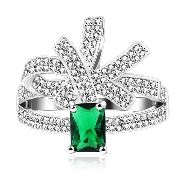 Ladies Green Crystal Rectangle Party Ring Oversize Bow Cubic Zirconia