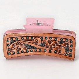 American Darling Floral Long Hair Claw Hand Tooled Carved Genuine Leather Brown Clips Clutcher Gift For Women Girls