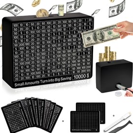Wooden Piggy Bank for Kids & Adults,Money Saving Box for Cash Coin,Wooden Box for Prop Money,Kakeibo Money Box,Savings Box with 10 Digital Target Stickers,Cash Box with Clip(Black)
