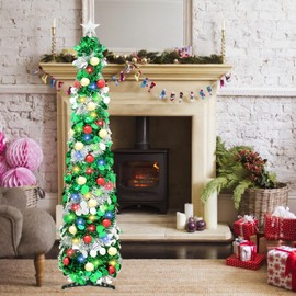 5 Ft Artificial Christmas Tree Pop-Up Collapsible Pencil Christmas Trees with 100 Color, Bright Artificial Tinsel Pencil Tree with Ball Star for Indoor Outdoor Christmas Decorations