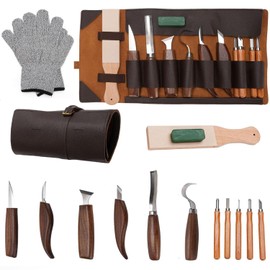 XINYUICEAN Kit de 15 Piezas para Tallar Madera con Mangos de Nogal - Incluye Afilador, Guantes y Bolsa de Almacenamiento - Herramientas Profesionales para Principiantes y Expertos