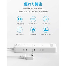 Extension Cord, 6.6 ft (2 m), Power Tap, USB Outlet Tap, 9 AC Outlets, 4 USB Ports (3 Type-A & 1 Type-C), MSCIEN Table Tap, OA Tap, Octopus Outlet, Bulk Switch Included