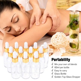 PrettyCare Glass Eye Dropper Bottles 2oz (60ml), 12 Pcs Clear Empty Thick Bottles Bulk with Leakproof Golden Caps - With Labels & Funnels for for Storage, Travel,Essential Oils, DIY Serums, Tincture