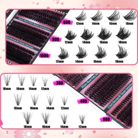 MOTIBACK 456pcs Eyelash Extension Set， False Eyelashes 30D-100D Curl Individual Set，12-18mm Cluster Fluffy Extender DIY Kit with Double End Glue + Glue Removal+Tweezers for Self Use + Brush（Black）