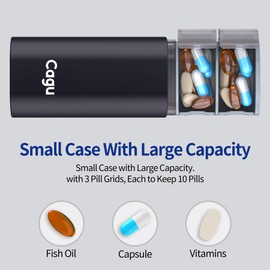 3 Compartment Aluminum Pill Organizer, Pop-up Design, Moisture Proof Travel Case, Arthritis Friendly (Black)