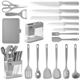 YJHOLE 17pcs Kitchen Utensils Set with Sharp Stainless Steel Knives and Scissors Durable Silicone Cooking Utensils Kitchen Set with Knife Holder(Grey)