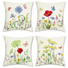 Bonhause Flower Cushion Covers 45 x 45 cm Both Sides Garden Floral Butterfly Decorative Throw Pillow Covers Polyester Linen Pillowcase for Sofa Bed Patio Outdoor Decor Set of 4