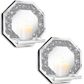 ZOLAPI Crystal Crush Diamond Wall Candle Holder Set of 2, Octagon Silver Mirrored Candle Sconces, Home Wall Decoration for Living Room, Dining Room & Bedroom.