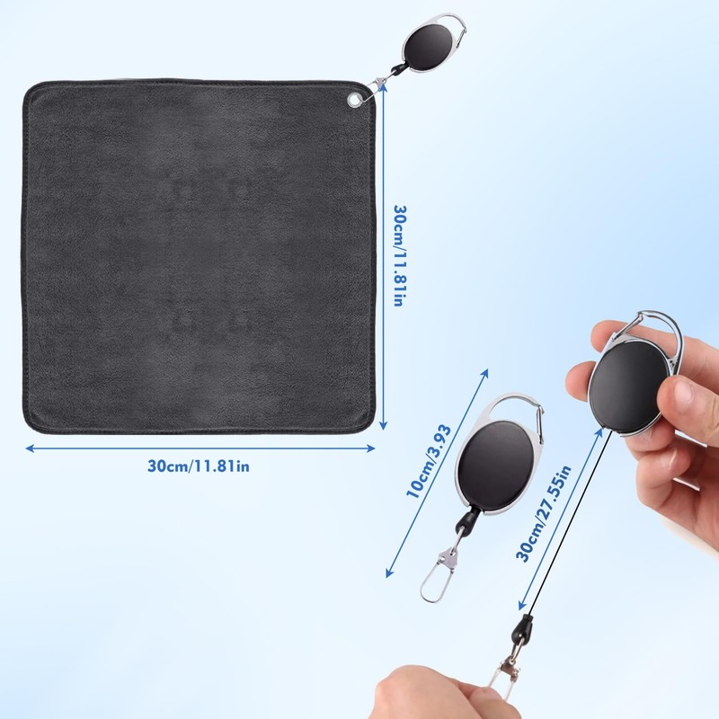Golf Towel 2-Pack with Retractable Hook 12x12in (30x30cm) - Quick-Dry