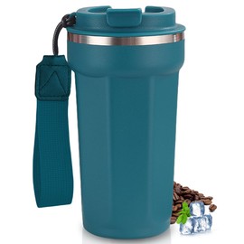 MOYAC Termos para Cafe de 510 ml, Taza Cafe de Viaje con Cordón de Acero Inoxidable, Termo al Vacío para Conservación del Calor y el Frío, Adecuada para Preparar Leche, Café, Té (Azul)