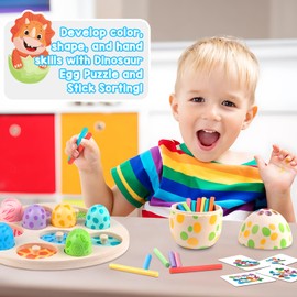 Aliex 4 in 1 Montessori Dinosaur Toys 12+ Months Boys Girls, Wooden Blocks Stacking Balance Toys Stick Color Sorting Egg Puzzles Matching Game,Preschool Education Learning Gift for Toddlers 1 2 3 4