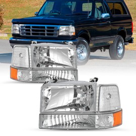 SOCKIR Headlight Assembly Fit for 1992-1996 Ford F150 /Bronco 1992-1997 Ford F250 F350 Super Duty Bumper Headlamp Replacement, Chrome Housing with Clear Reflector