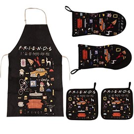 5PCS Friends Kitchen Gifts,Friends Themed Kitchen Decor,1 Friends Apron,2 Friends Oven Mitts,2 Friends Pot Holders,Housewarming Wedding Birthday Mom Anniversary Wife Kitchen (Black)