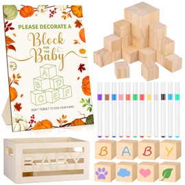 Fall Baby Shower Games Sign Kit Including 57 Wooden Blank Blocks, 12 Marker, A Boy and Girls Block Game Sign and A Blocks Box for Baby Shower Games Prizes, Gender Reveal Party Games Favors