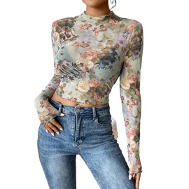 Floerns Women's Long Sleeve See Though Sheer Mesh Crop Tee Tops, Light Green, X-Large