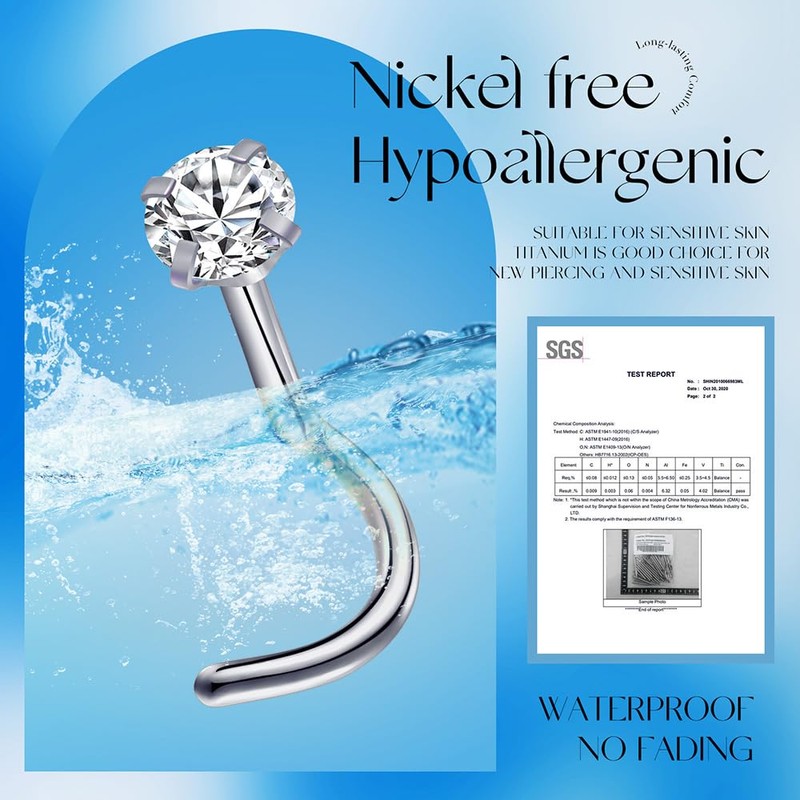 8PCS G23 Titanium Twist Screw Nose Studs 18G 20G Nose