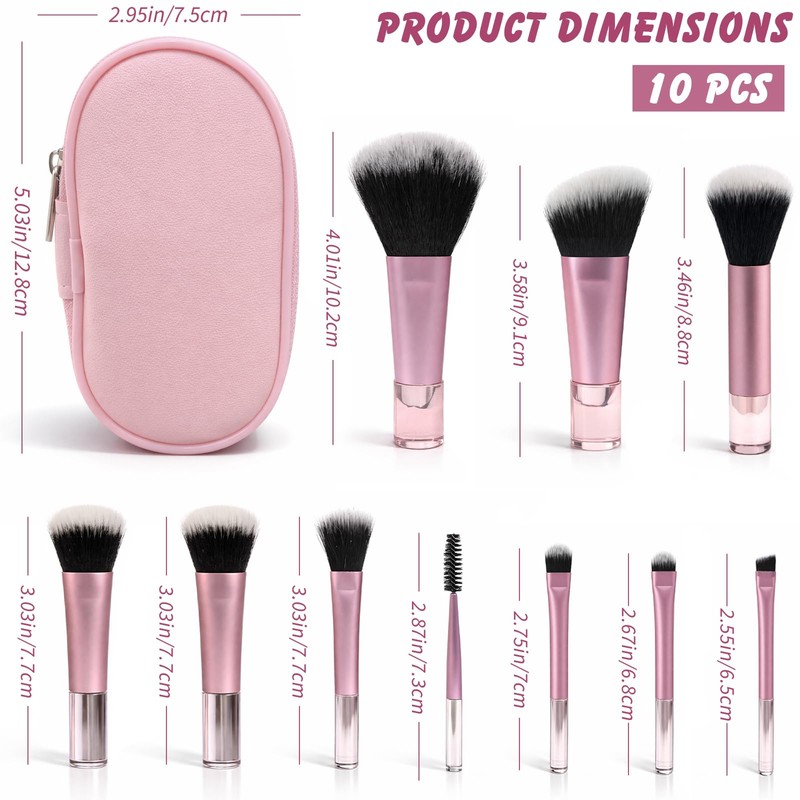 10-Piece Mini Pink Travel Makeup Brush Set with Pouch, Pink