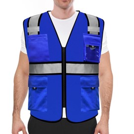 HYCOPROT High Visibility Reflective Safety Vests with Zipper and 8 Pockets, Meets ANSI/ISEA Standards