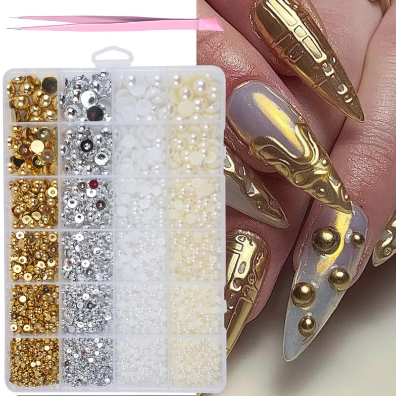 GZMAYUEN 920pcs Gold Silver Flatback Beads for Nails, Semi-Round White