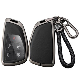 SANRILY Metal&Leather 3/4/5/6 Button Key Fob Cover Compatible with Fit for Buick Envision Avenir 2024 Fit for Chevy Suburban Tahoe Fit for GMC Yukon Denali Silverado Keyless with Weave Keychain Black